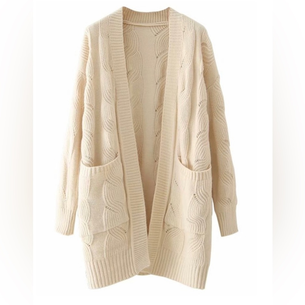 Cream Cable Knit Open Front Cardigan Pockets Oversized Cozy Comfy Duster